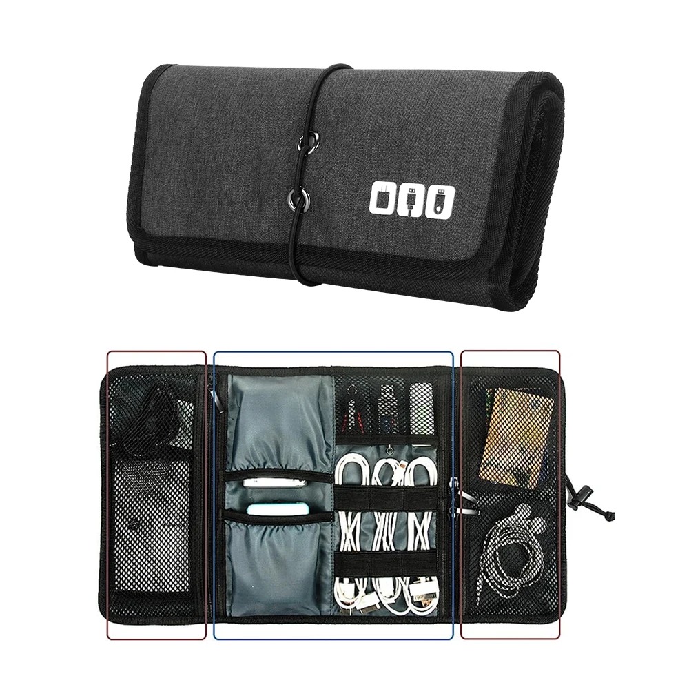 Tech Accessories Organizer Pouch - 電子オーガナイザーコードポーチ、トラベルケーブル、充電器、電話アクセサリーバッグ、USBケーブル用ロールアップテクニカルキャリングケース